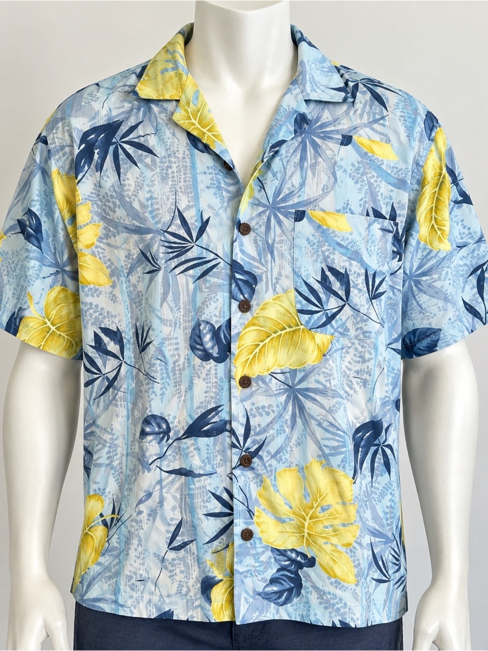 Caribbean Joe Let Go Hawaiian Shirt L Tropical Rayon Camp Collar Blue Yellow men